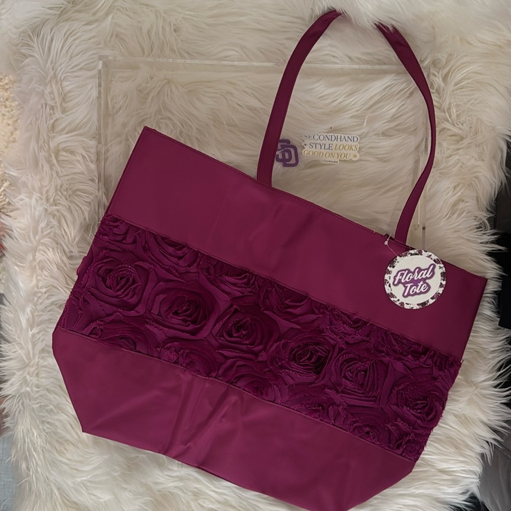 ARCADIA Burgundy with Floral Tote Bag Magnetic Closure 14x18x6